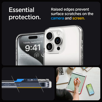 ACS06708 - iPhone 15 Pro Case Ultra Hybrid in frost clear showing the essential protection. Raised edges prevent surface scratches on the camera and screen