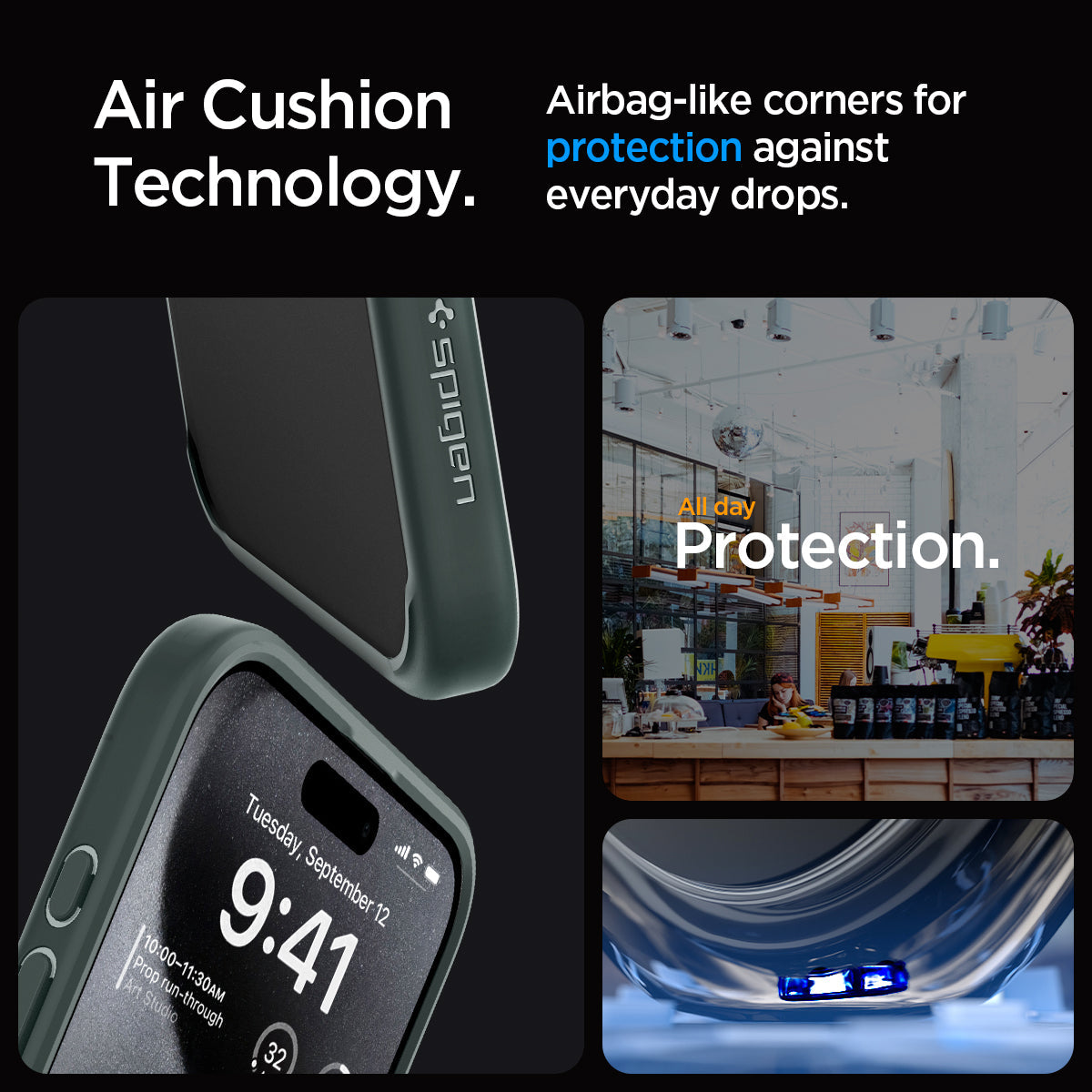 ACS06710 - iPhone 15 Pro Case Ultra Hybrid in frost green showing the air cushion technology. Airbag-like corners for protection against everyday drops