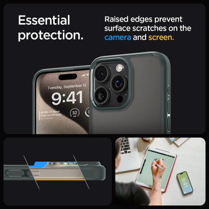ACS06710 - iPhone 15 Pro Case Ultra Hybrid in frost green showing the essential protection. Raised edges prevent surface scratches on the camera and screen