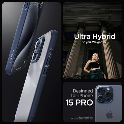 ACS06711 - iPhone 15 Pro Case Ultra Hybrid in navy blue showing the compatibility only with iPhone 15 Pro. Not compatible with iPhone 15, 15 Plus or 15 Pro Max