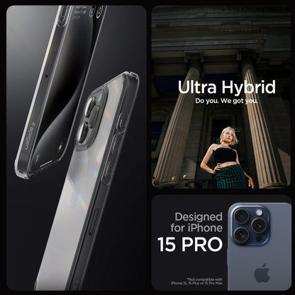 ACS07213 - iPhone 15 Pro Case Ultra Hybrid in Space Crystal showing the compatibility only with iPhone 15 Pro. Not compatible with iPhone 15, 15 Plus or 15 Pro Max