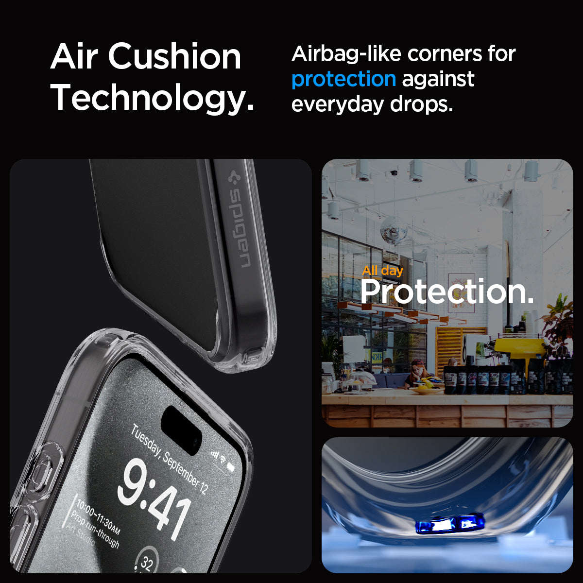 ACS07213 - iPhone 15 Pro Case Ultra Hybrid in Space Crystal showing the air cushion technology. Airbag -like corners for protection against everyday drops
