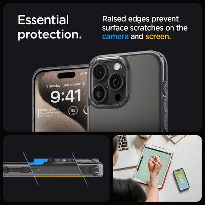 ACS07213 - iPhone 15 Pro Case Ultra Hybrid in Space Crystal showing the essential protection. Raised edges prevent surface scratches n the camera and screen
