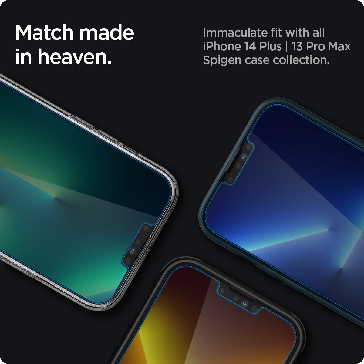 AGL03375 - Three smartphones with a dark background showing immaculate fit with all iPhone 14 Plus, 13 Pro Max Spigen case collection.