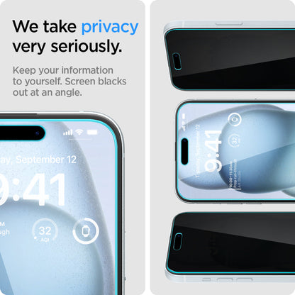 AGL06885 - iPhone 15 Plus Screen Protector EZ FIT GLAS.tR Privacy we take privacy very seriously. Keep your information to yourself. Screen blacks out at an angle.