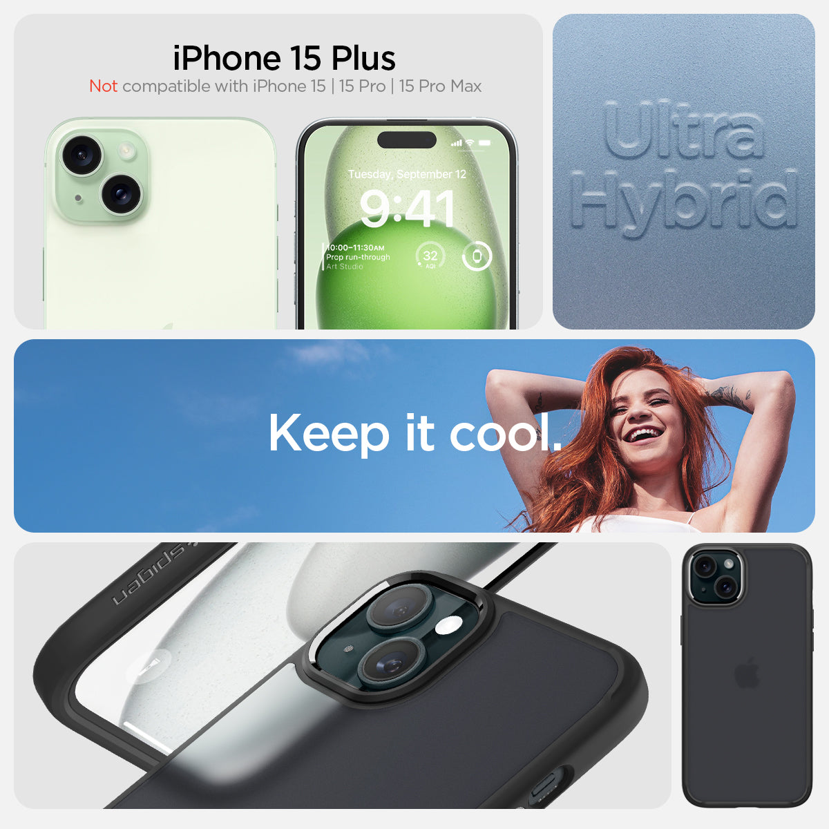 ACS06656 - iPhone 15 Plus Case Ultra Hybrid in frost black showing the compatibility only with iPhone 15 Plus. Not compatible with iPhone 15 | 15 Pro | 15 Pro Max