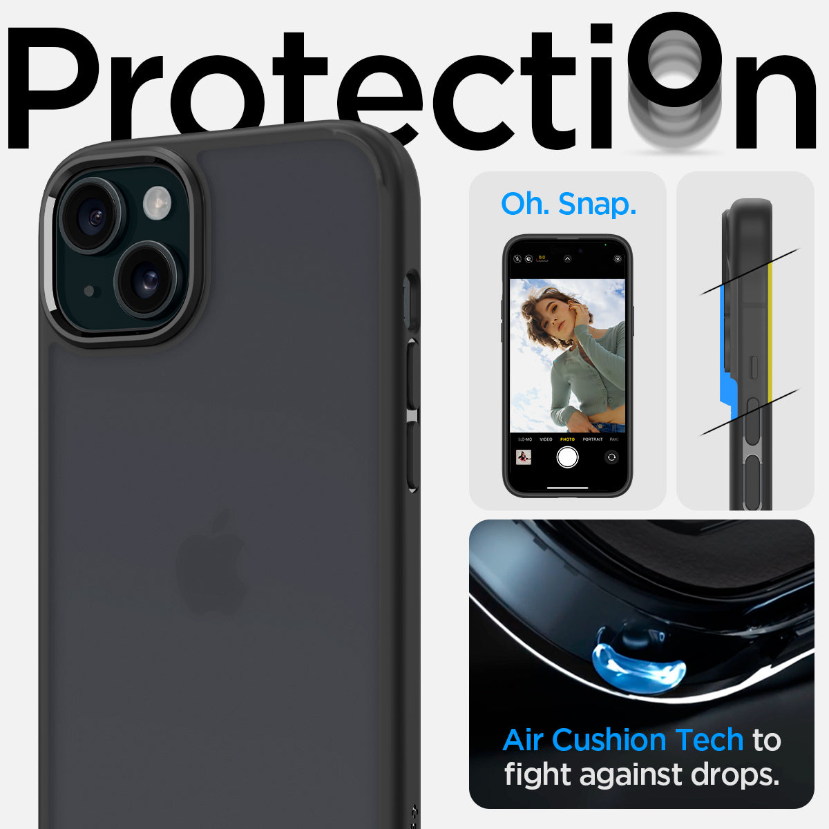 ACS06656 - iPhone 15 Plus Case Ultra Hybrid in frost black showing the air cushion tech to flight against drops