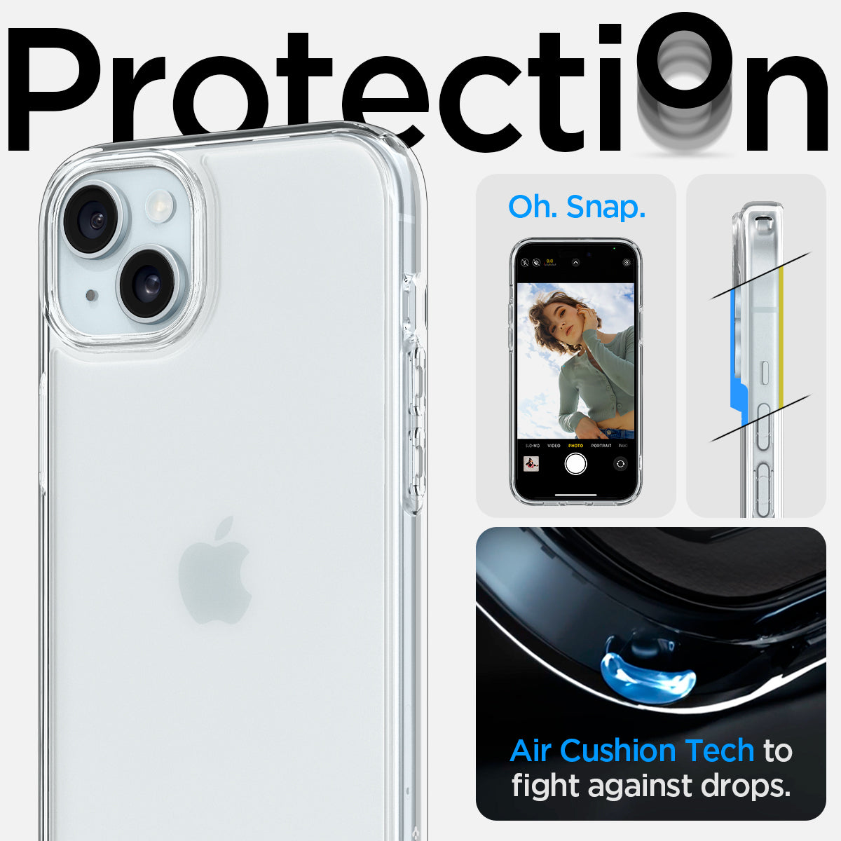 ACS06655 - iPhone 15 Plus Case Ultra Hybrid in frost clear showing the air cushion tech to flight against drops