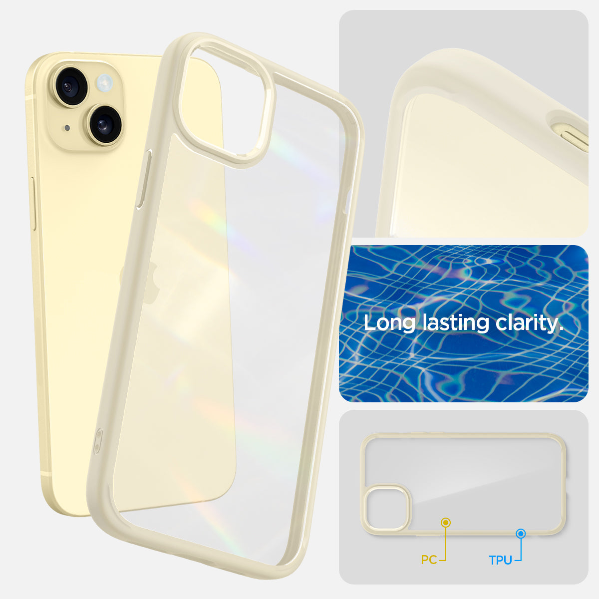ACS06658 - iPhone 15 Plus Case Ultra Hybrid in mute beige showing the long lasting clarity