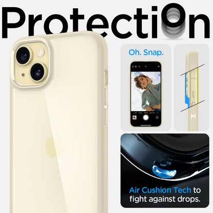 ACS06658 - iPhone 15 Plus Case Ultra Hybrid in mute beige showing the air cushion tech to fight against drops