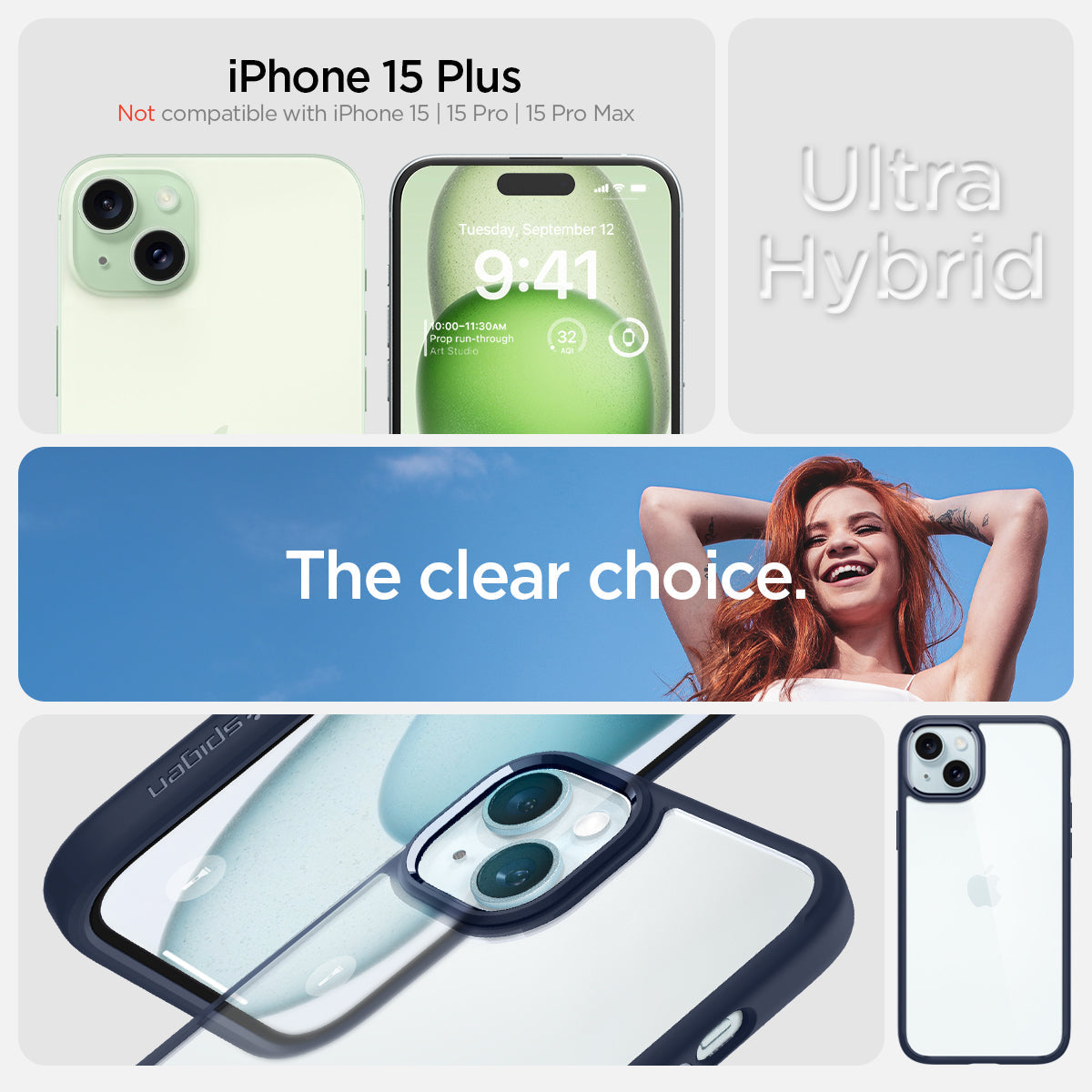 ACS06659 - iPhone 15 Plus Case Ultra Hybrid in navy blue showing the compatibility only with iPhone 15 Plus. Not compatible with iPhone 15 | 15 Pro | 15 Pro Max