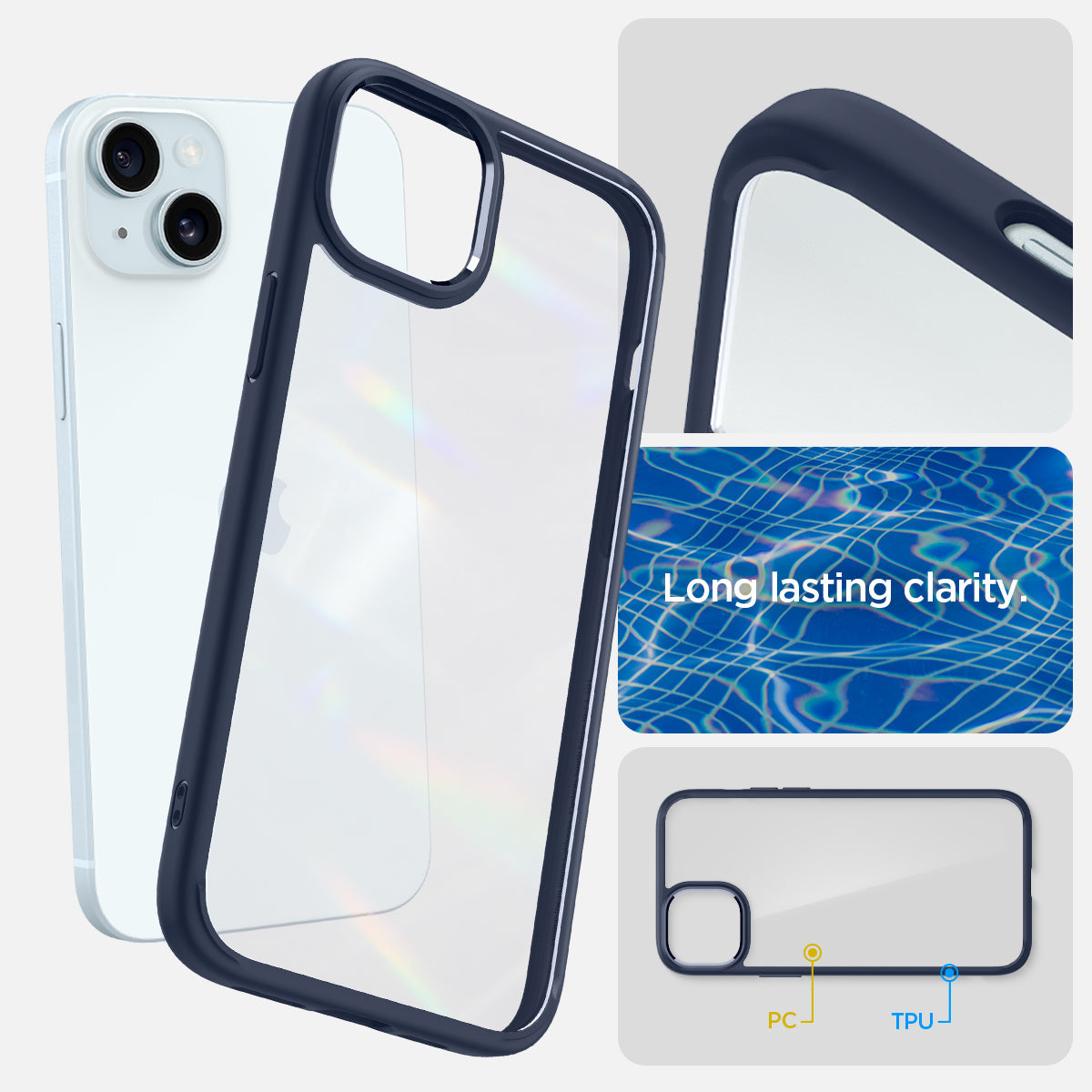 ACS06659 - iPhone 15 Plus Case Ultra Hybrid in navy blue showing the long lasting clarity