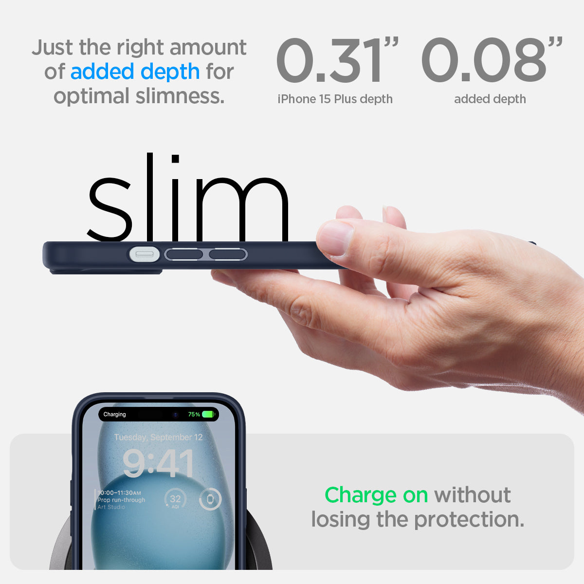 ACS06659 - iPhone 15 Plus Case Ultra Hybrid in navy blue showing the right amount of added depth for optimal slimness. 0.31" iPhone 15 Plus depth | 0.08" added depth. Charge on without losing the protection