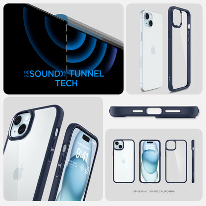 ACS06659 - iPhone 15 Plus Case Ultra Hybrid in navy blue showing the sound tunnel tech