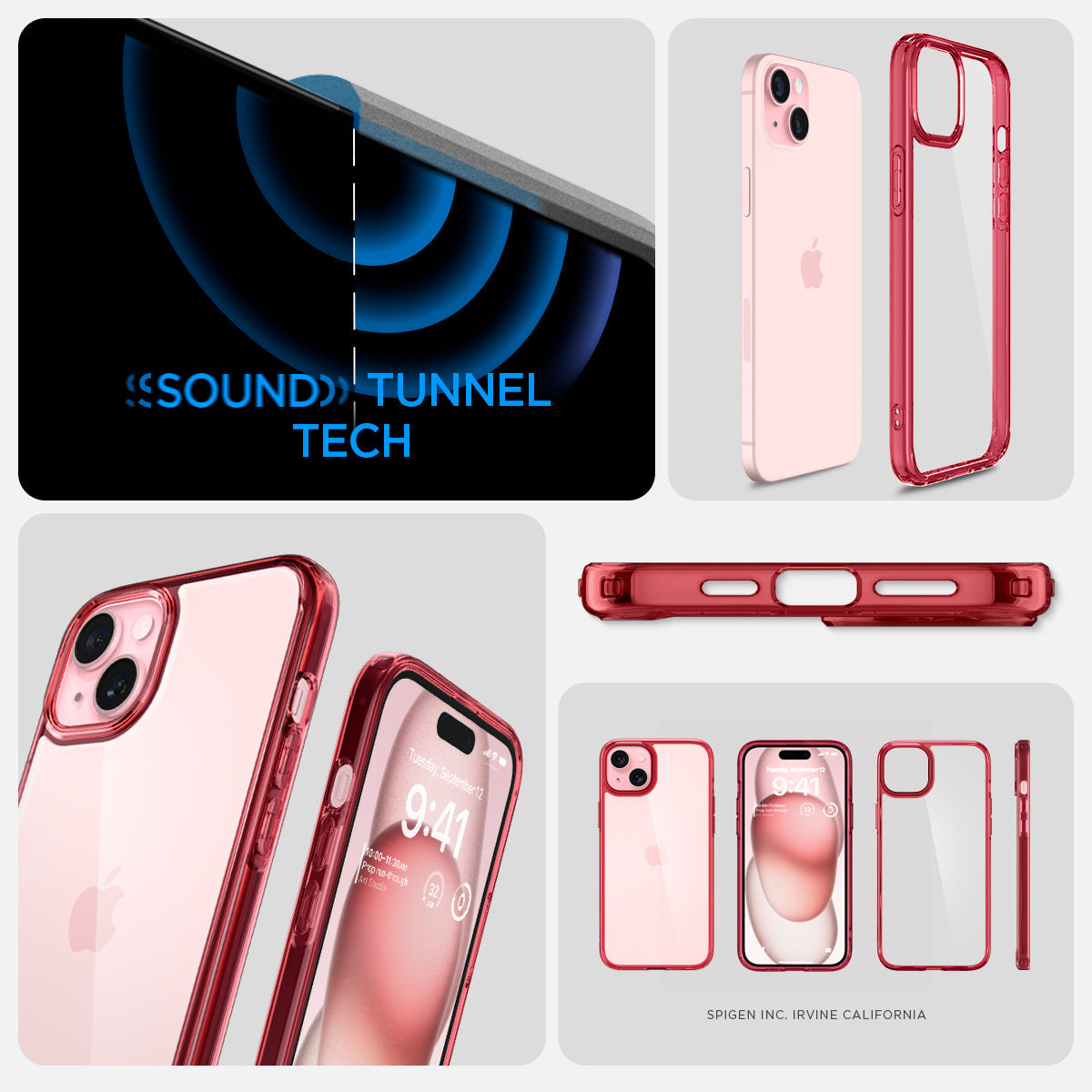 ACS06654 - iPhone 15 Plus Case Ultra Hybrid in red crystal showing the sound tunnel tech