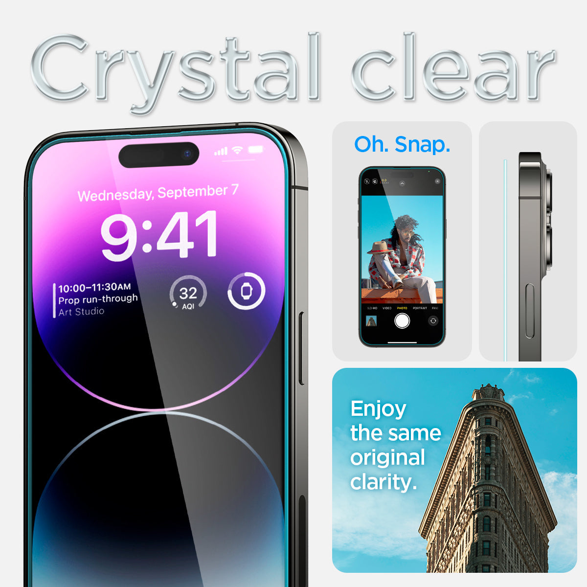 AGL05202 - iPhone 14 Pro Max Screen Protector EZ FIT GLAS.tR (Sensor Protection) showing crystal clear. Oh snap. enjoy the same original clarity.