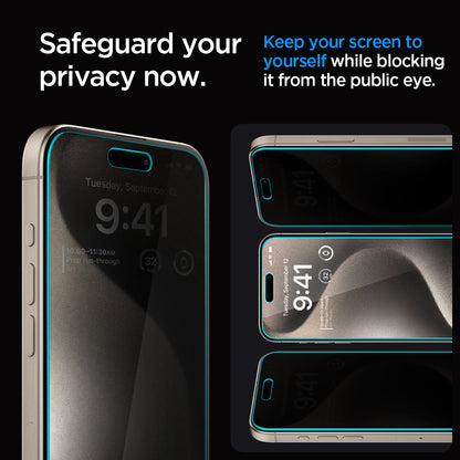 AGL06874 - iPhone 15 Pro Max Screen Protector EZ FIT GLAS.tR Privacy safe guard your privacy now. keep your screen to yourself while blocking it from the public eye.