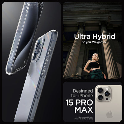 ACS06565 - iPhone 15 Pro Max Case Ultra Hybrid in crystal clear showing the compatibility only with iPhone 15 Pro Max. Not compatible with iPhone 15, 15 Plus or 15 Pro