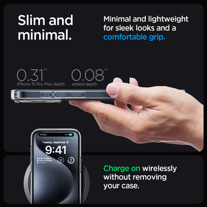 ACS06565 - iPhone 15 Pro Max Case Ultra Hybrid in crystal clear showing the slim and minimal. Minimal and lightweight for sleek looks and a comfortable grip. 0.31" iPhone 15 Pro Max depth 0.08" Charge on wirelessly without removing your case