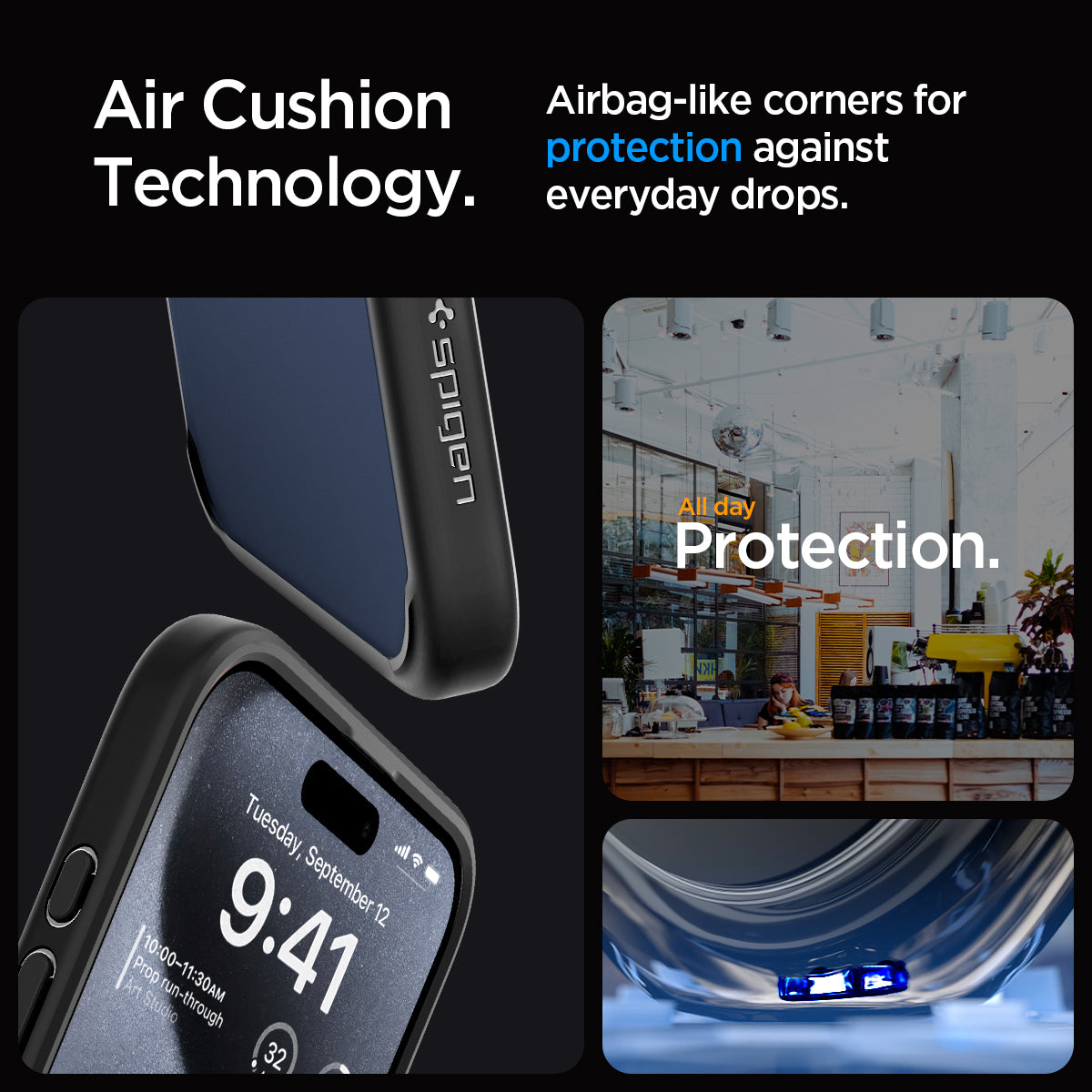 ACS06568 - iPhone 15 Pro Max Case Ultra Hybrid in frost black showing the air cushion technology. Airbag-like corners for protection against everyday drops