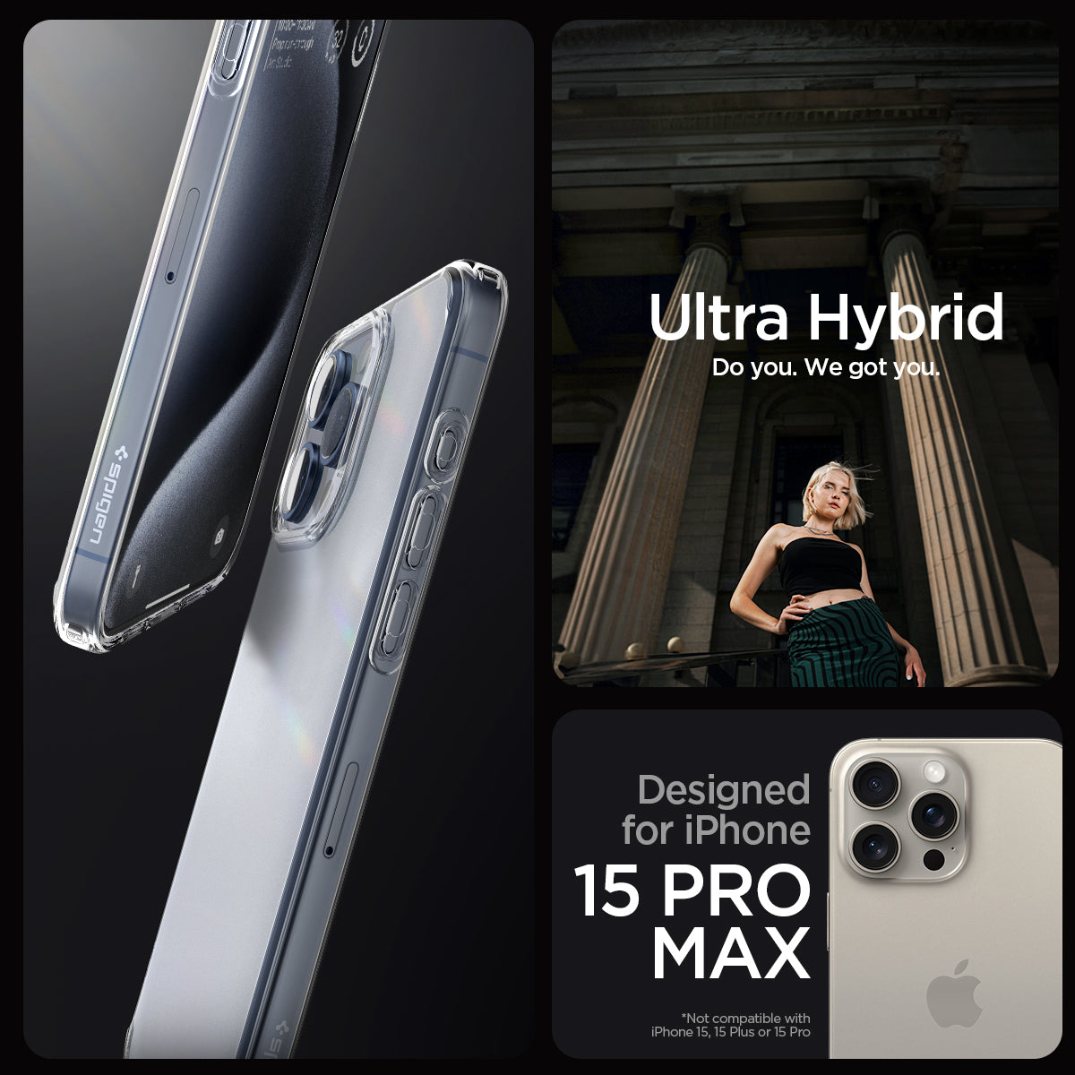 ACS06567 - iPhone 15 Pro Max Case Ultra Hybrid in frost clear showing the compatibility only with iPhone 15 Pro Max. Not compatible with iPhone 15 | 15 Plus or 15 Pro