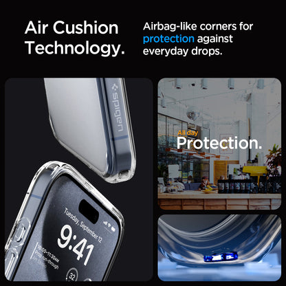 ACS06567 - iPhone 15 Pro Max Case Ultra Hybrid in frost clear showing the air cushion technology. Airbag-like corners for protection against everyday drops