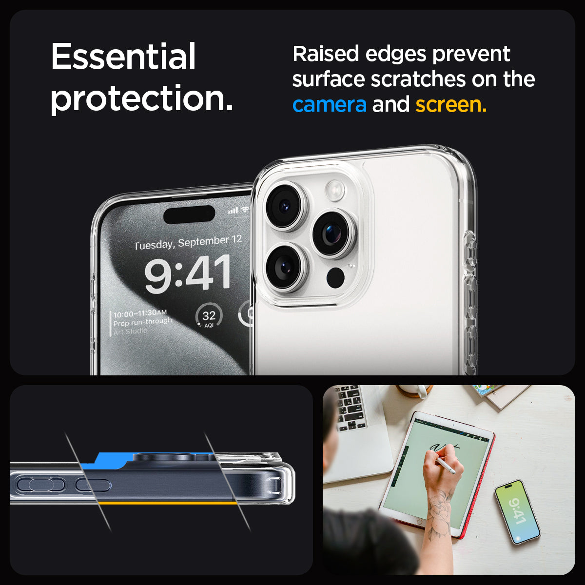 ACS06567 - iPhone 15 Pro Max Case Ultra Hybrid in frost clear showing the essential protection. Raised edges prevent surface scratches on the camera and screen