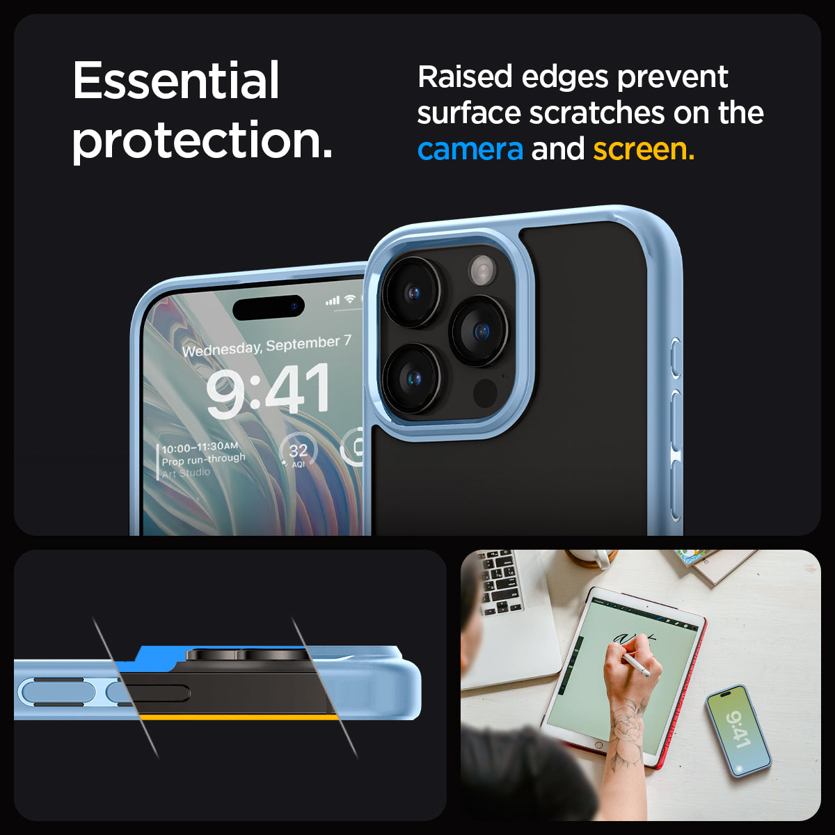 ACS06572 - iPhone 15 Pro Max Case Ultra Hybrid in sierra blue showing the essential protection. Raised edges prevent surface scratches on the camera