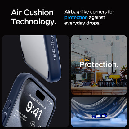 ACS06573 - iPhone 15 Pro Max Case Ultra Hybrid in navy blue showing the air cushion technology. Airbag-like corners for protection against everyday drops