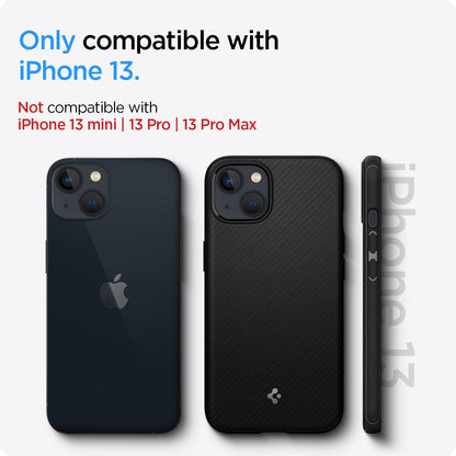 ACS03546 - iPhone 13 Case Mag Armor in black showing the compatibility only with iPhone 13. Not compatible with iPhone 13 mini | 13 Pro | 13 Pro Max