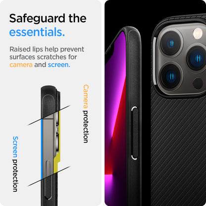 ACS03281 - iPhone 13 Pro Case Mag Armor in black showing the raised lips help prevent surfaces scratches for camera and screen. Camera protection and Screen protection