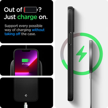 ACS03281 - iPhone 13 Pro Case Mag Armor in black showing supporting every possible way of charging without taking off the case