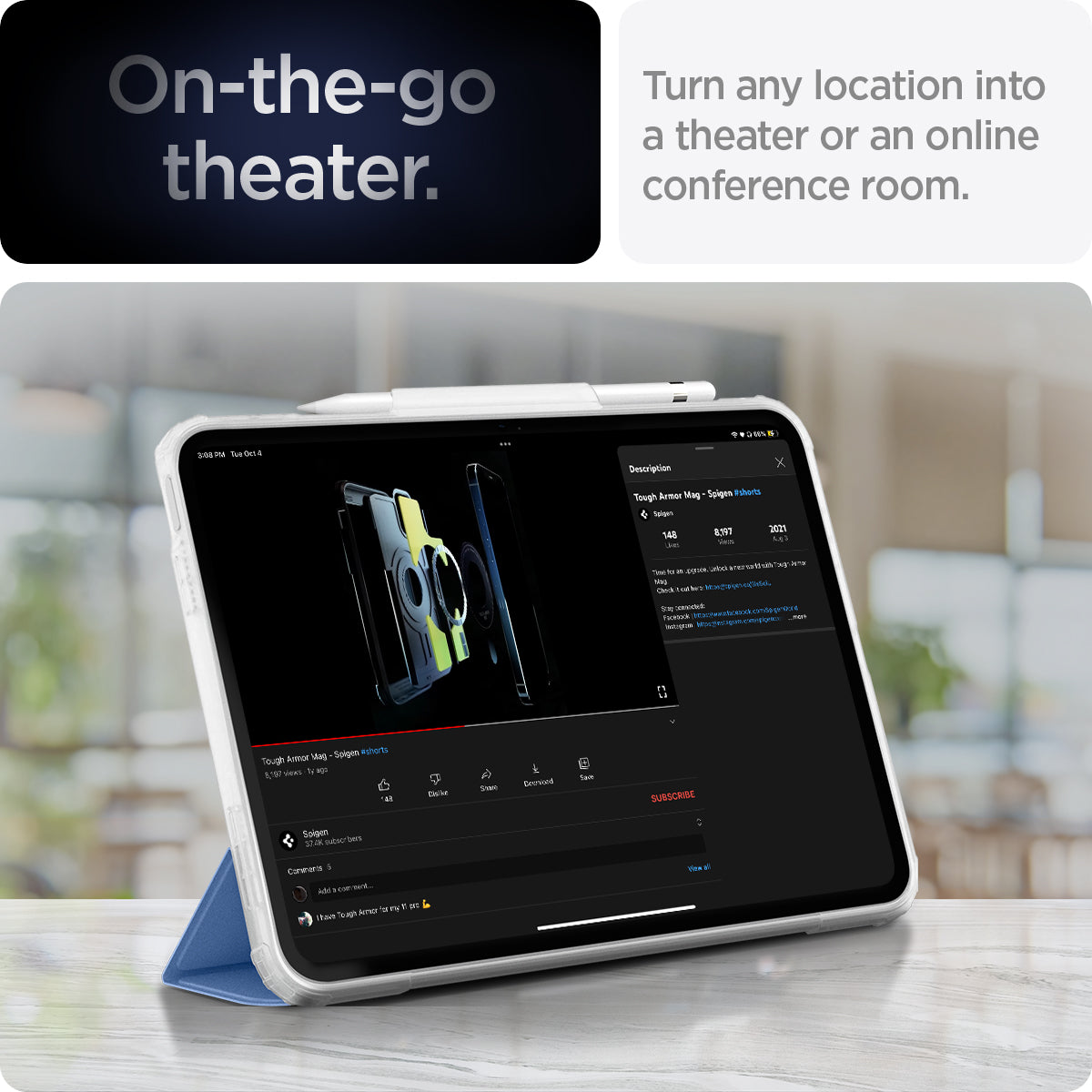 ACS05940 - iPad 10.9" Case Ultra Hybrid Pro in cornflower blue showing the on-the-go theater. Turn any location into a theater or an online conference room