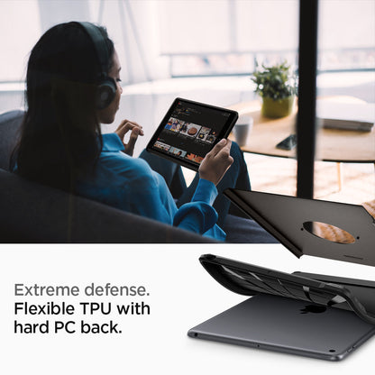 ACS00375 - iPad 10.2" Case Tough Armor in gunmetal showing the extreme defense. Flexible TPU with hard PC back
