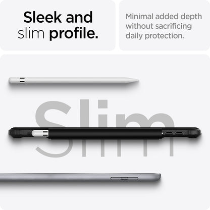 ACS03906 - iPad 10.2" Case Ultra Hybrid Pro in black showing the sleek and slim profile. Minimal added depth without sacrificing daily protection