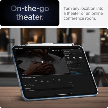 ACS05419 - iPad 10.9" Case Air Skin Hybrid S in crystal clear showing the on-the-go theater. Turn any location into a theater or an online conference room
