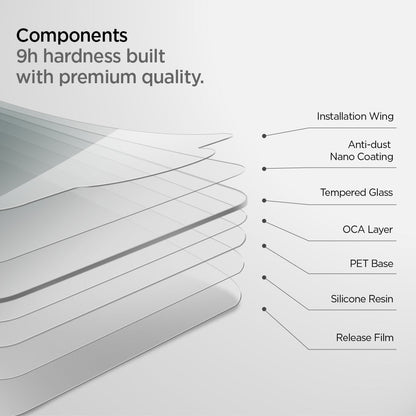 AGL00236 - iPad 10.2" Screen Protector Glas.tR SLIM showing the components. 9h hardness built with premium quality. Installation Wind, Anti-dust Nano Coating, Tempered Glass, OCA Layer, PET Base, Silicone Resin and Release Film