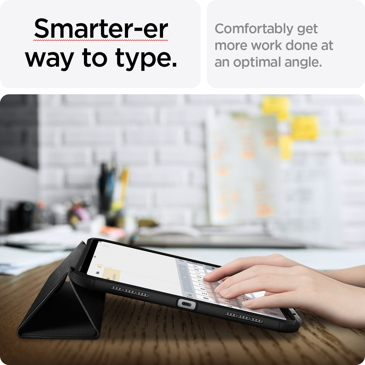 ACS05417 - iPad 10.9" Case Rugged Armor Pro in black showing the smarter-er way to type. Comfortable get more work done at optimal angle