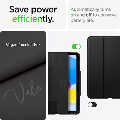 ACS05417 - iPad 10.9" Case Rugged Armor Pro in black showing the efficiently saves power. Automatically turns on and off to conserve battery life made with Vegan faux leather
