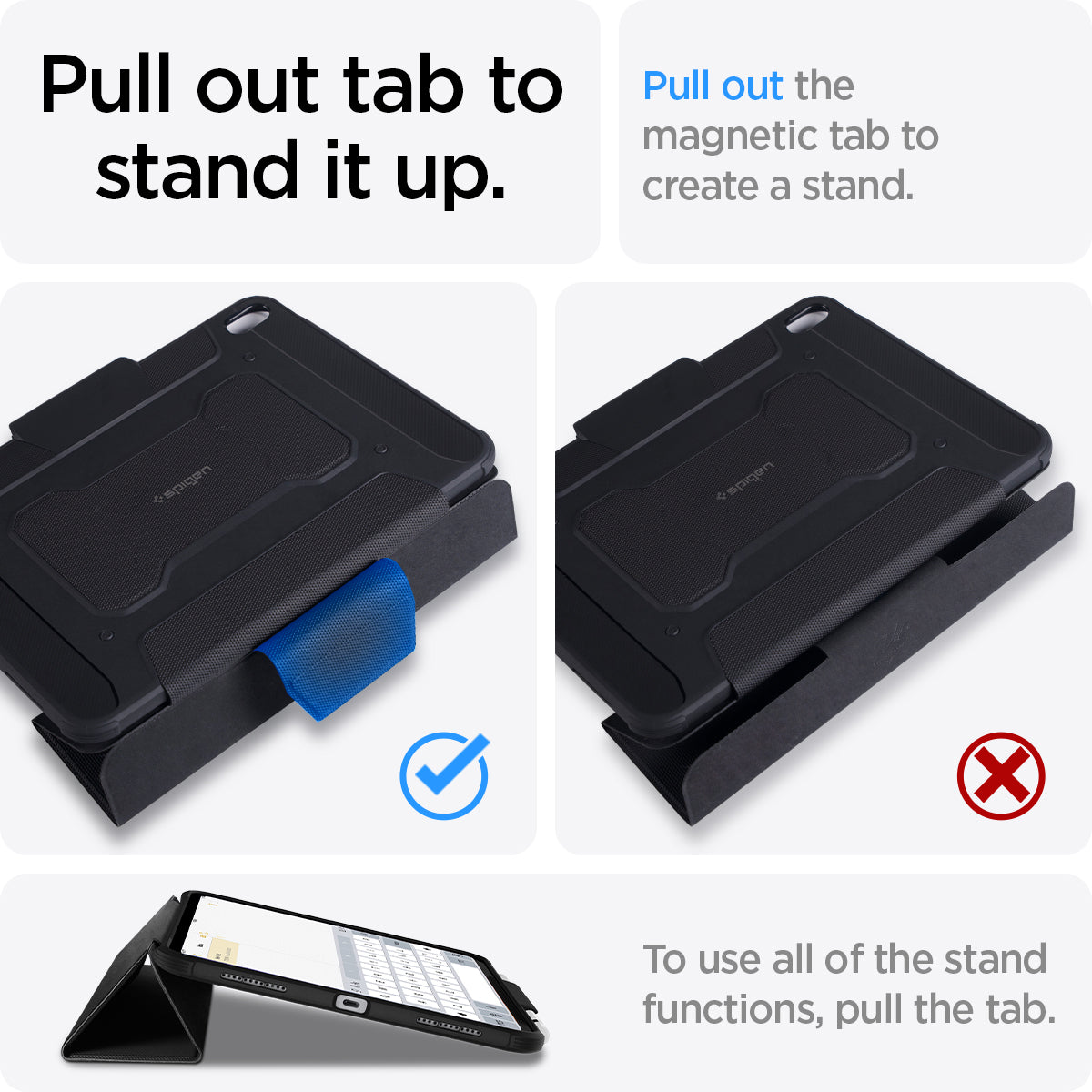 ACS05417 - iPad 10.9" Case Rugged Armor Pro in black showing pulling out the tab to stand it up. To use all of the stand function and to create a stand, pull out the magnetic tab