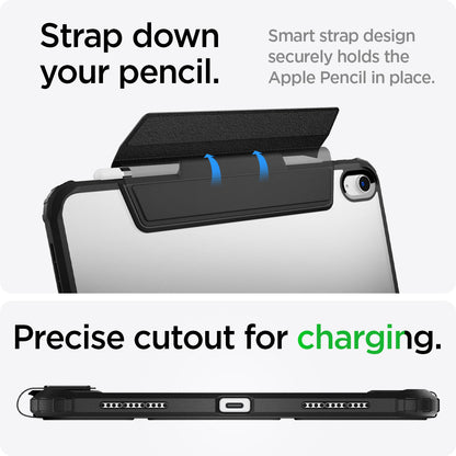 ACS05416 - iPad 10.9" Case Ultra Hybrid Pro in black showing the strap down your pencil. Smart strap design securely holds the Apple Pencil in place. Precise cutout for charging