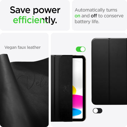 ACS05415 - iPad 10.9" Case Liquid Air Folio in black showing efficiently saves power. Automatically turns on and off to conserve battery life made with Vegan faux leather