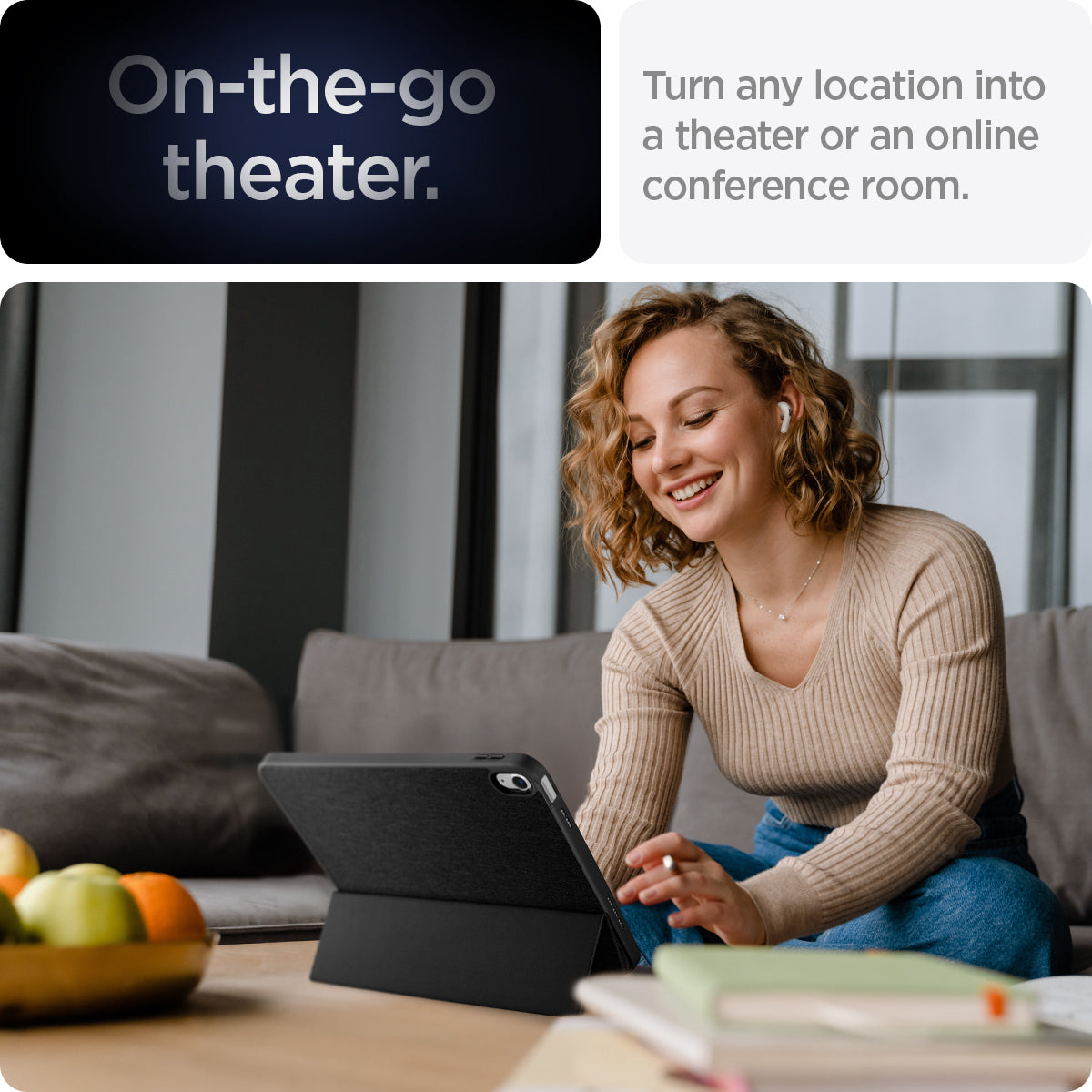 ACS05306 - iPad 10.9" Case Urban Fit in black showing the on-the-go theater. Turn any location into a theater or an online conference room