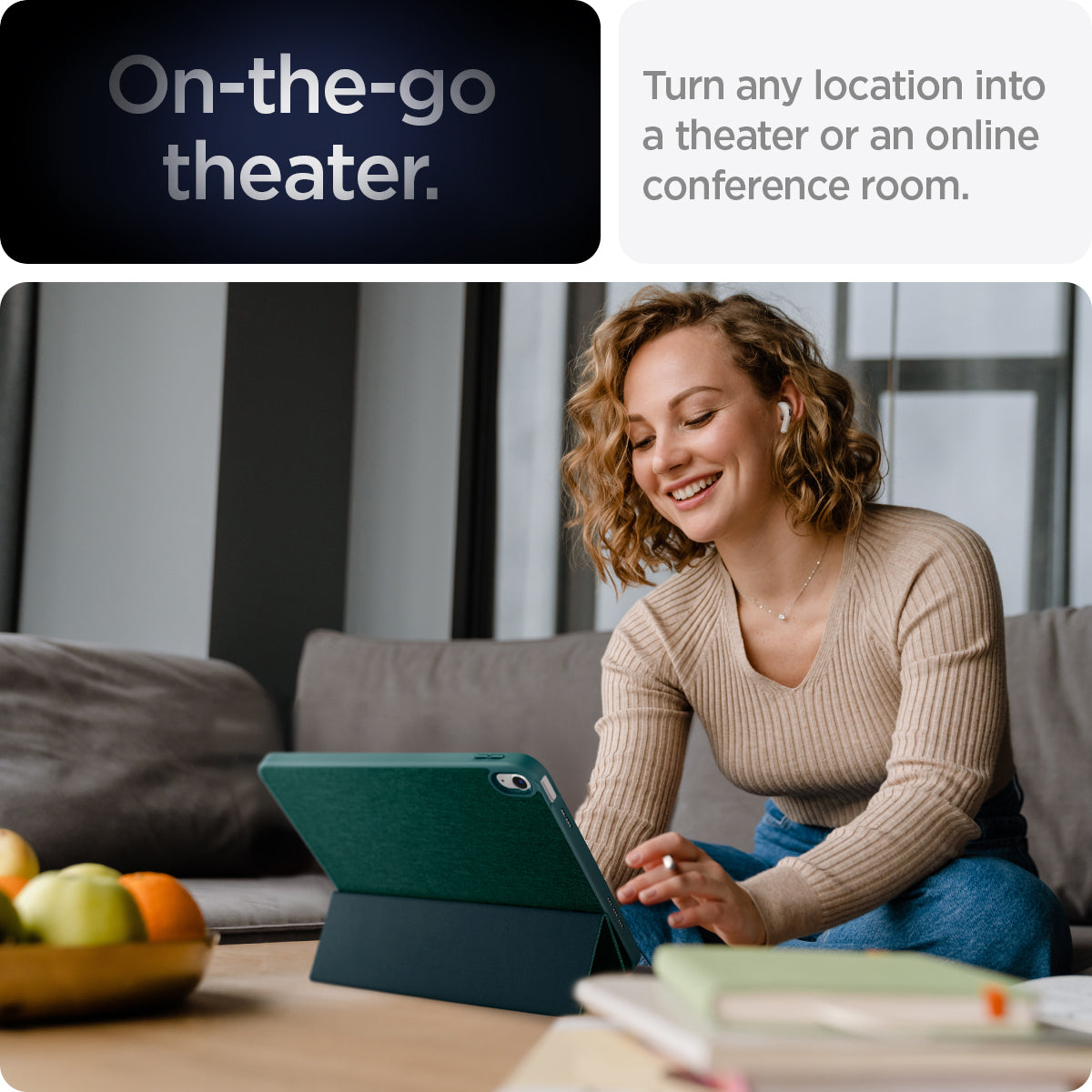 ACS05308 - iPad 10.9" Case Urban Fit in midnight green showing the on-the-go theater. Turn any location into a theater or an online conference room