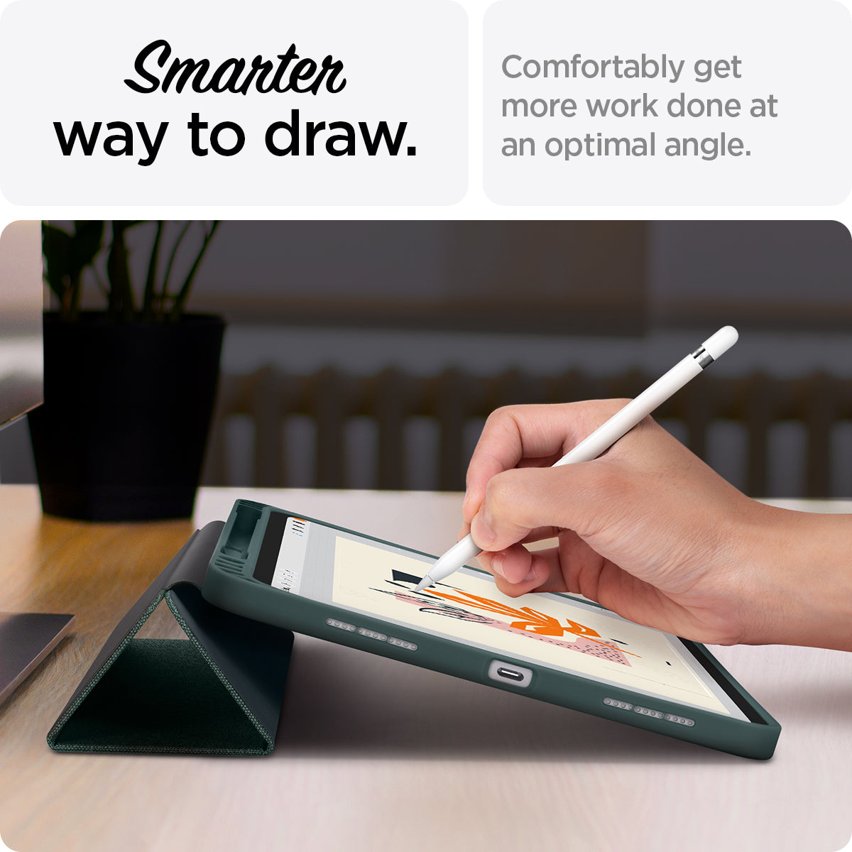ACS05308 - iPad 10.9" Case Urban Fit in midnight green showing the smarter way to draw. Comfortable get more work done at an optimal angle
