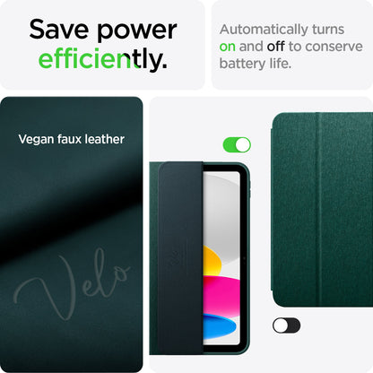 ACS05308 - iPad 10.9" Case Urban Fit in midnight green showing efficiently saves power. Automatically turns on and off to conserve battery life made with Vegan faux leather