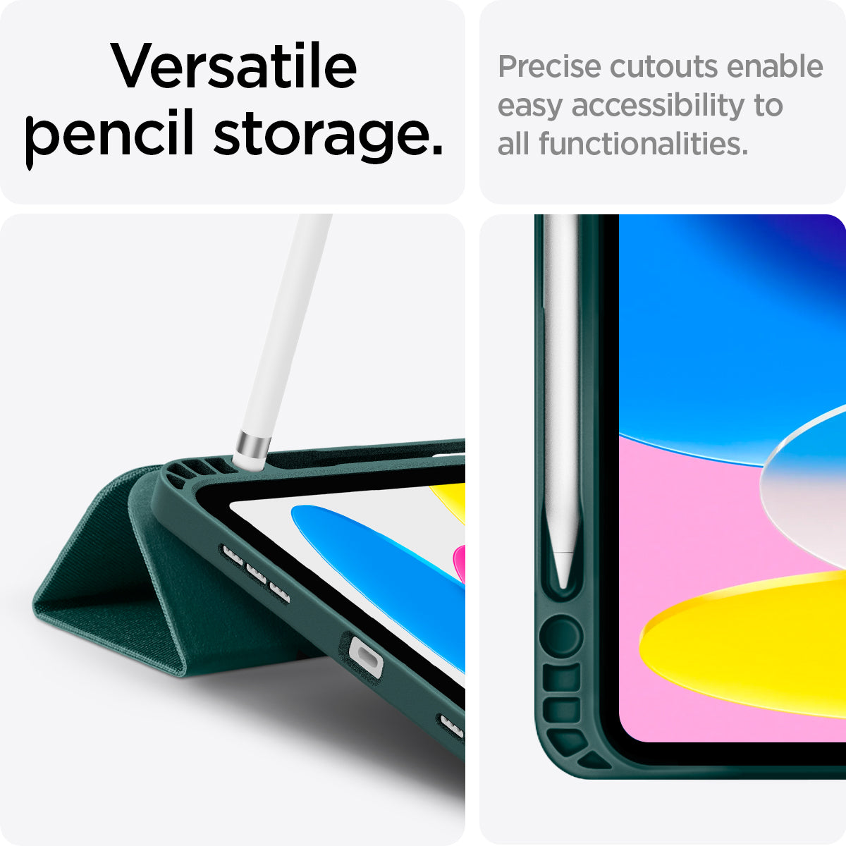 ACS05308 - iPad 10.9" Case Urban Fit in midnight green showing the versatile pencil storage. Precise cutouts enable easy accessibility to all functionalities