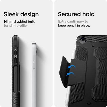 ACS02054 - iPad Air 10.9" (2022 / 2020) Case Rugged Armor Pro in black showing the sleek design. Minimal added bulk for slim profile. Secure hold. Extra cautionary to keep pencil in place
