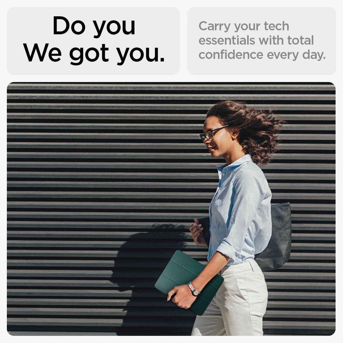 ACS07755 - iPad Air 11-inch (2025/2024) Case Urban Fit in Midnight Green showing carrying your tech essentials with total confidence every day