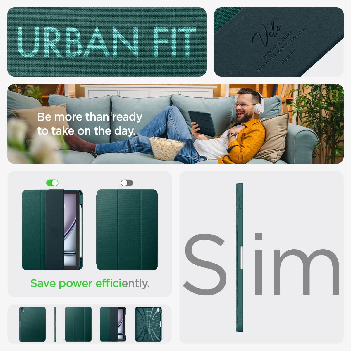 ACS07755 - iPad Air 11-inch (2025/2024) Case Urban Fit in Midnight Green showing the urban fit slim feature and save power efficiently